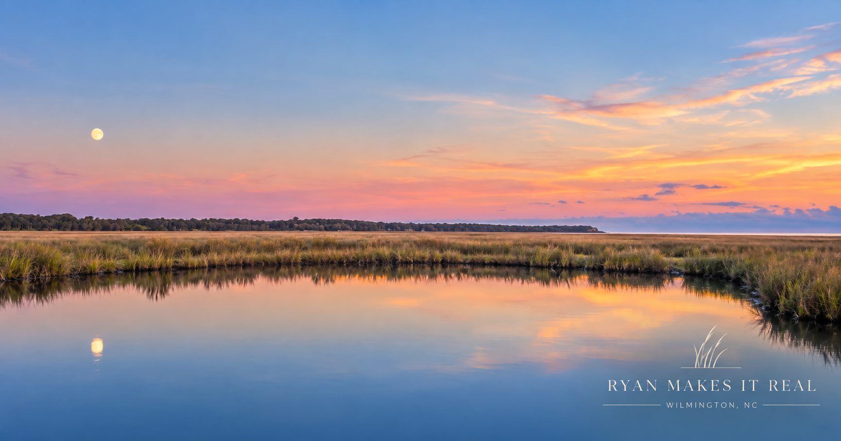 Coastal marsh and calm water at sunset near Wilmington, North Carolina